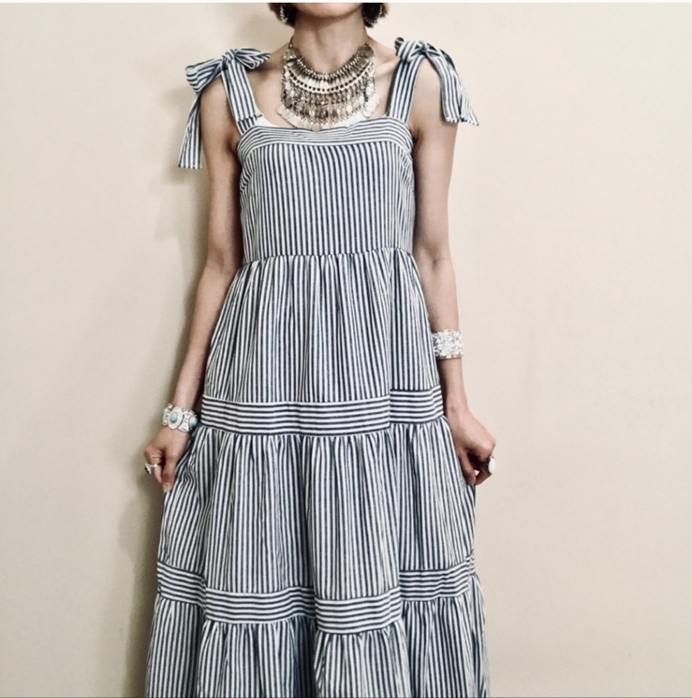 Anthropologie By The River Elegant Striped Midi Ruffle Dress